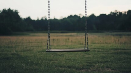Empty wooden swing hanging on chains in a field.