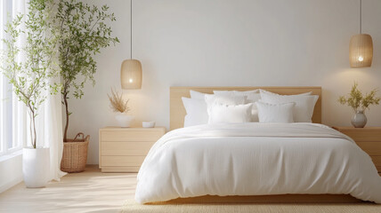 serene bedroom featuring large white bed, soft pillows, and natural decor. space is illuminated by pendant lights, with greenery adding touch of freshness
