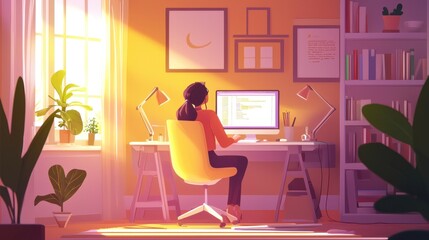 Fototapeta premium Sunlit Workspace: Woman Coding at Home Office
