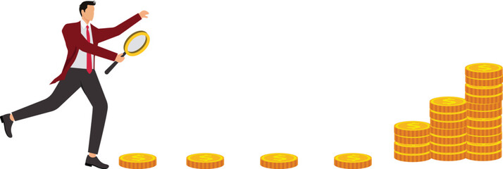 Businessman Following Coin Currency Points with Magnifying Glass