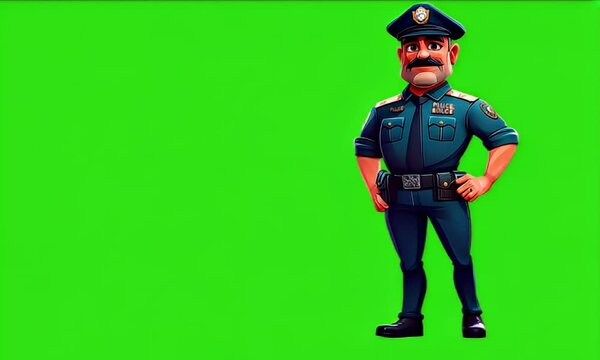 Cartoon police officer, green screen, confident pose, law enforcement