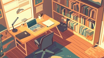 Cozy Home Office Workspace: Sunlit Desk with Bookshelf