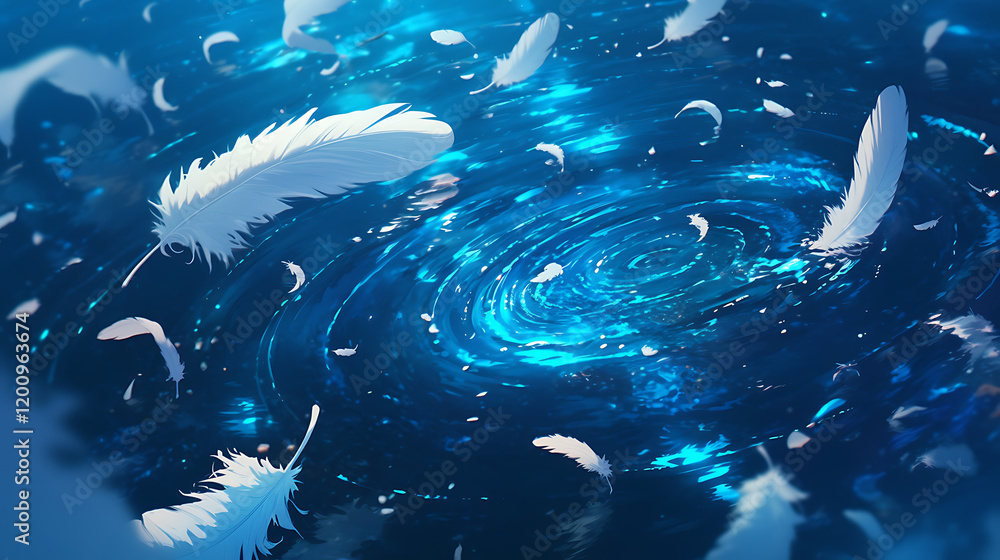 Poster ethereal feathers floating in a cosmic whirlpool, surrounded by sparkling blue light and depth