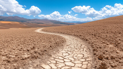 Dry landscape with cracked earth and winding path under blue sky