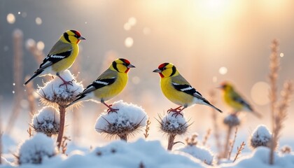 Fototapeta premium Group of European Goldfinches perched on snowy thistles in winter sunlight