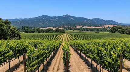 Fototapeta premium A picturesque vineyard with rows of grapevines stretching into the distance, under a warm sun