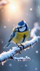 Fototapeta premium Blue Tit bird perched on a snowy branch in winter with warm bokeh background