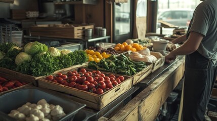 Fresh produce displayed in wooden crates at a market stall.