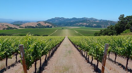 Obraz premium A picturesque vineyard with rows of grapevines stretching into the distance, under a warm sun