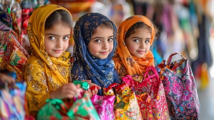 Fototapeta premium Three smiling girls in colorful headscarves and bags.