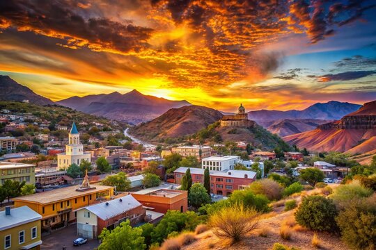 Arizona Bisbee Mule Mountains Panorama Double Exposure Sunsets Stock Photo