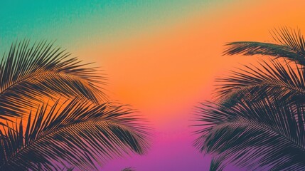 Tropical Sunset Silhouette: Palm Tree Leaves Against Vibrant Sky