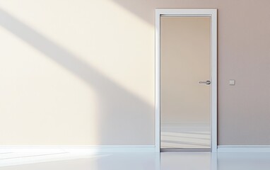 A modern sliding interior door with a glass panel and silver handle, set against a neutral backdrop