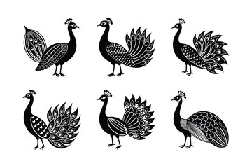 Peacock silhouette black set isolated on transparent background