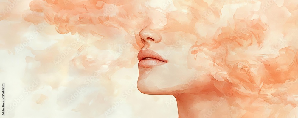 Poster minimalist watercolor idea. a serene exploration of thoughts represented by soft, dreamy clouds arou