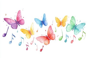 A vibrant watercolor illustration featuring colorful butterflies dancing among musical notes, symbolizing harmony and joy in nature's beauty.