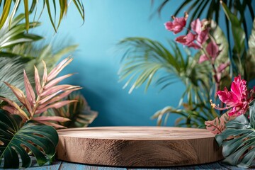 Obraz premium A wooden podium with tropical plants and lush pink foliage against an blue background, creating a vibrant backdrop for product display or presentation.