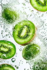 Fresh kiwi slices submerged in sparkling water, showcasing vibrant green color and refreshing bubbles.