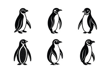 Penguin silhouette black set isolated on transparent background
