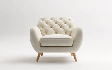 A neutral cream armchair with tufted upholstery and sturdy wooden legs, isolated on a white background