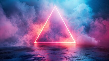 A stunning triangle tunnel bursts with neon colors, glowing brightly against a backdrop of swirling fog