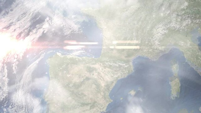Earth zoom in from space and focus on Bayonne, France. Background for travel intro or blog. Satellite view. 3D style Animation. Images from NASA.