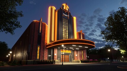Art Deco cinema night exterior city street