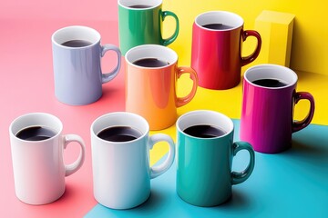 A group of mugs in different colors, presented in a grid layout with editable designs.