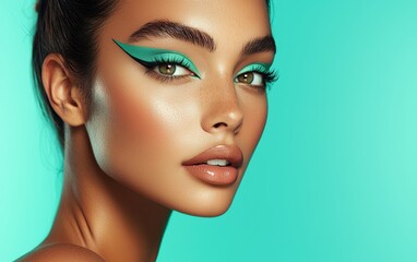 Fototapeta premium A radiant woman with bold eyeliner in emerald green, neutral lipstick, and glowing skin, set on a pastel turquoise background