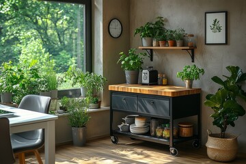 Black kitchen trolley with wooden top and wheels next to grey dining chairs, empty space for product placement on white table, plant pot with green plants.