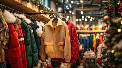 Fototapeta premium Cozy Winter Apparel Collection: Festive Christmas Shopping at Boutique Store