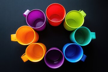 A group of plastic mugs in bright colors, presented in a circular arrangement with editable design spaces.