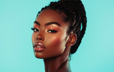 Fototapeta premium A radiant woman with soft pink eyeshadow, peachy blush, and shimmering lip gloss, posed on a pastel blue background