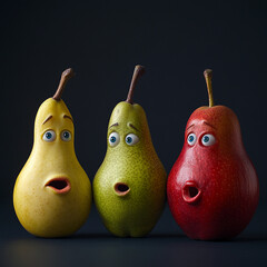 Three animated pears with facial expressions singing together in a dark setting