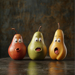 Three animated pears express emotions in a whimsical arrangement against a textured background