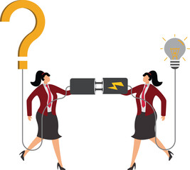 Businesswoman Connecting Cable to Illuminate Lightbulb as Solution