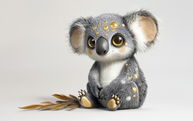 Fototapeta premium A charming creature with koala-like ears, a soft feathered tail, and golden freckles, sitting calmly on a white background