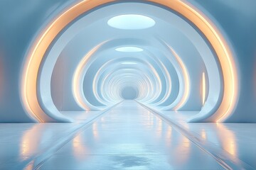 Obraz premium 3D render of a white, minimalistic futuristic tunnel with soft lighting and reflections, viewed from the front.