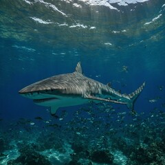 Fototapeta premium A tiger shark swimming in an ocean of shimmering blues and greens.