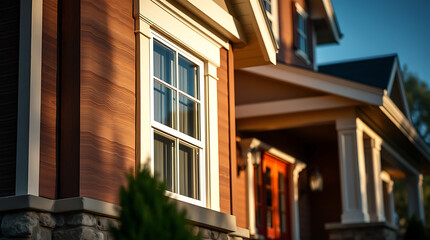 Captivating Suburban Home: Architectural Details and Golden Hour Sunlight. Discover the beauty of this residential haven, showcasing exquisite design and inviting ambiance.