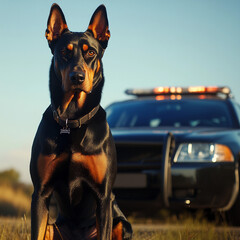 Police Dog Sitting Alertly By Patrol Vehicle During Sunset