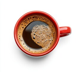 Top view of a red mug filled with dark coffee.