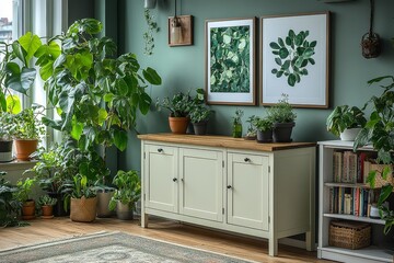 Modern cream-colored sideboard with two doors and a drawer, wooden top, placed near the entrance, surrounded by potted plants, framed pictures, and a white bookshelf.