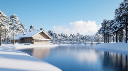 Fototapeta premium Serene winter landscape featuring a cabin by a frozen lake.