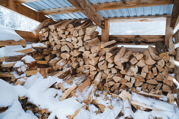 A substantial pile of logs neatly arranged in a rustic wooden shed that is currently blanketed in a deep layer of snow, creating a picturesque winter scene all around them