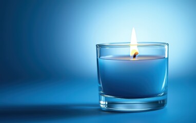 A soft blue candle in a glass holder with a warm flame glowing brightly, on a matching blue background
