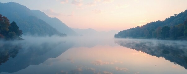 Fototapeta premium Lake's surface shrouded in a veil of morning fog, fog, calm