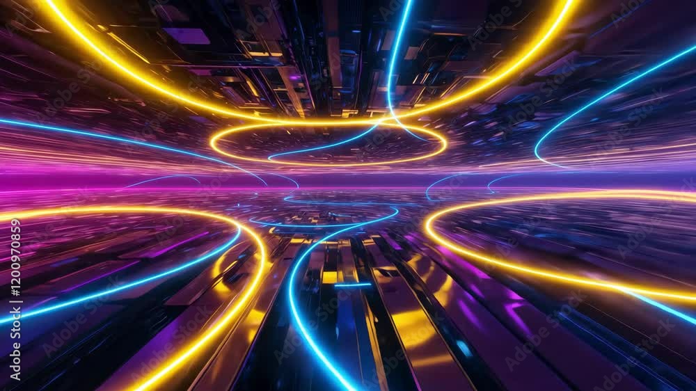 Poster dynamic neon lights swirl through a futuristic digital landscape, creating an immersive and vibrant 