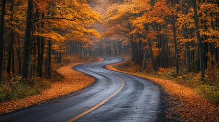 Scenic Autumn Road Through Forest of Vibrant Orange and Yellow Leaves forest capturing vivid orange and yellow foliage.