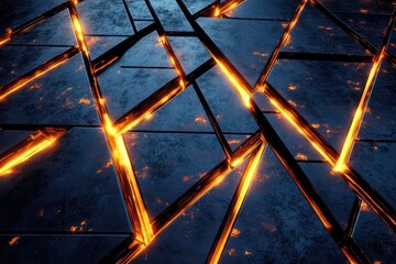 Futuristic triangular bricks arranged diagonally, glowing with radiant metallic textures